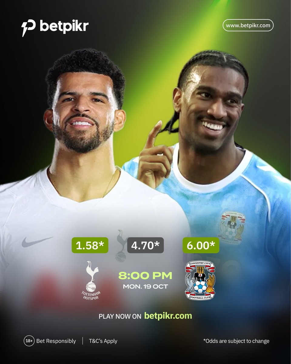 betpikr's tweet photo. At betpikr, the odds are in your favour 

Back your bets tonight with the best odds as Spurs play the Sky Blues.

Your picks deserve better, thank us later 

Tap the link in bio to get started. https://t.co/FX8TLfqnFV