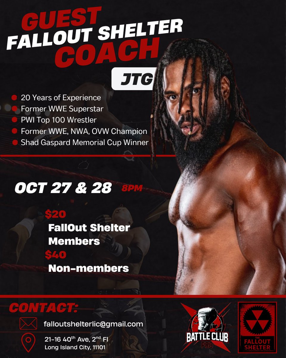 Battleclubpro's tweet photo. 🚨BREAKING🚨

@Jtg1284 will be Guest Coaching 2 Classes at @BCPFOS Next Week! October 27 &amp; 28 at 8pm. $40 for non-Fallout Trainees &amp; $20 for our Monthly Members to attend, you can do 1 or both classes for the same investment 

Email battleclubpro@gmail.com to secure your spot. https://t.co/piufX4YrkW