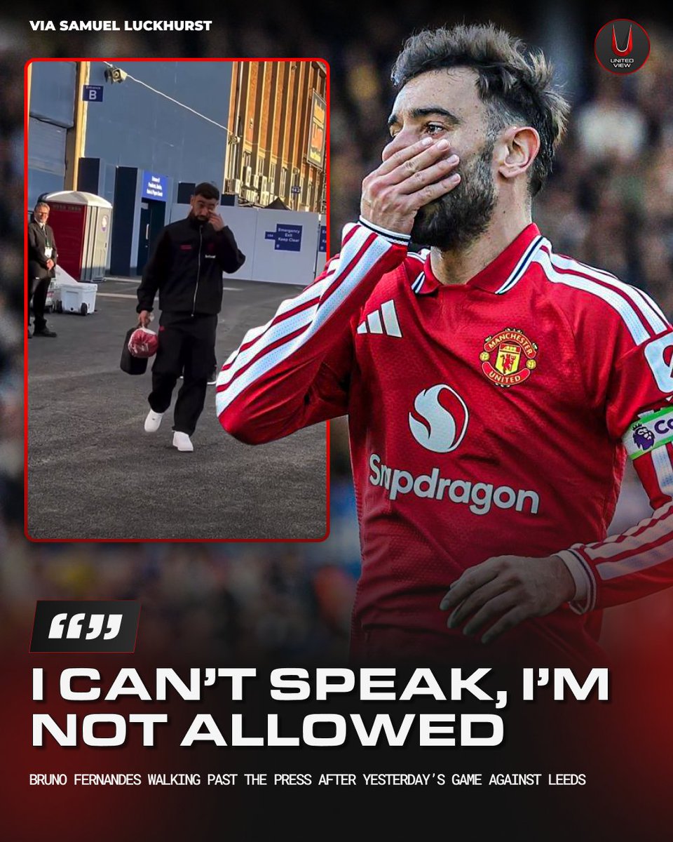 unitedviewtv's tweet photo. “I CAN’T SPEAK, I’M NOT ALLOWED.” 😳

Following the controversy surrounding Lisandro Martínez’s public comments, Bruno Fernandes walked past the press after the Leeds draw with this message… 💬

Is it simply club media protocol, or have United’s players been told to stay SILENT? 🤨