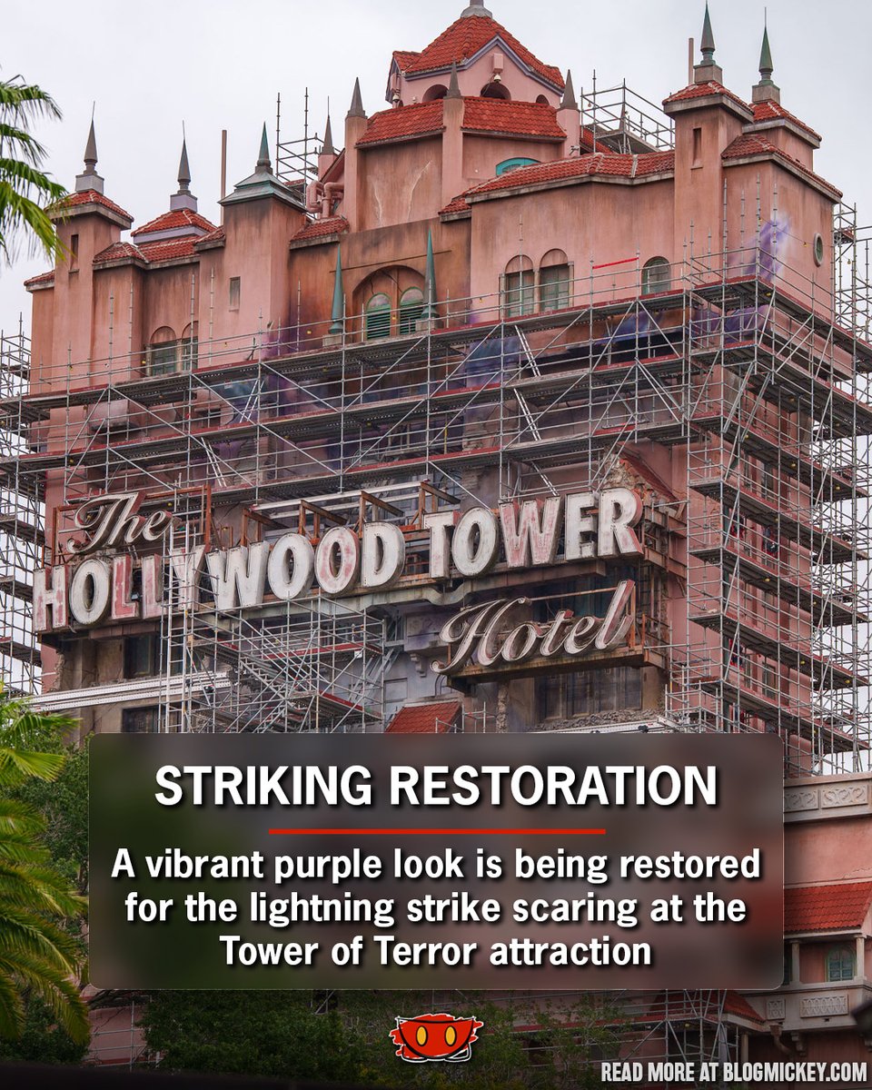 Blog_Mickey's tweet photo. A vibrant purple has arrived on the exterior of the Tower of Terror. The new paint is an effort to restore the opening-day lightning-scarred look for the classic attraction

🔗 https://t.co/1dfT5w36rZ https://t.co/PE09n7BIDp