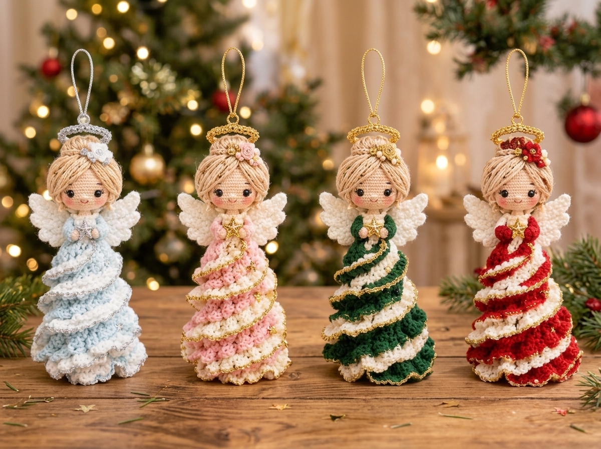 Make 4 Christmas angels from one crochet pattern. Ice blue, blush pink ...