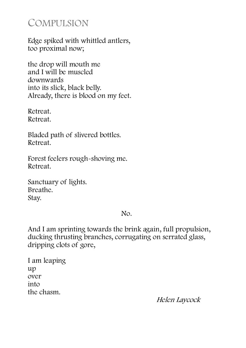 helen_laycock's tweet photo. I think my @TopTweetTuesday poem responds to all three themes of 'journey, edge, revelation'... that dangerous brink where you KNOW you shouldn't jump, but you do anyway...

Thanks to @MatthewMCSmith for inspiring and supporting our #poetry week after week.

#poetrycommunity https://t.co/xeVaRpOoKM