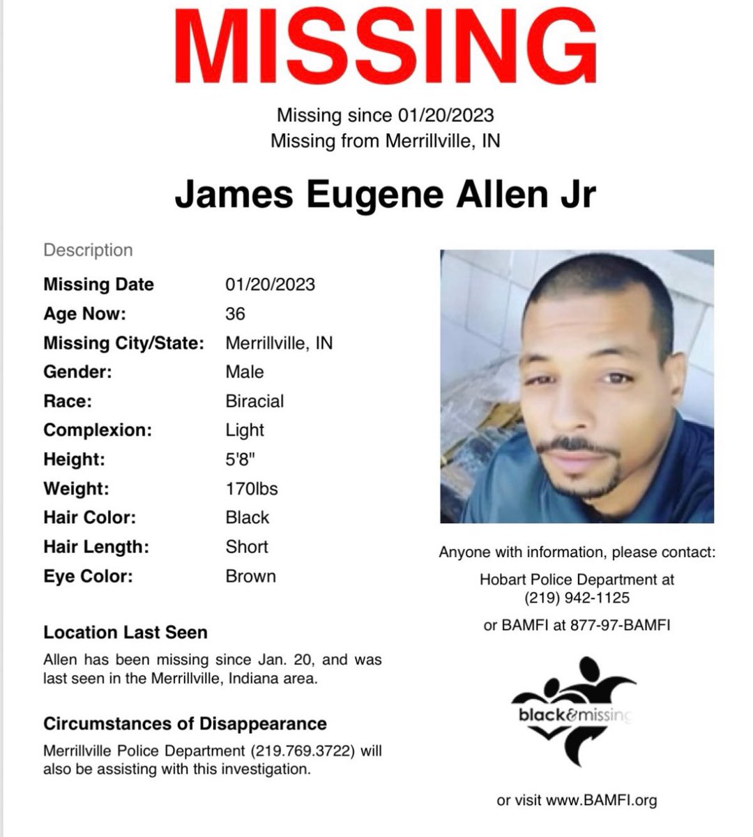 BAM_FI's tweet photo. #Merrillville, IN: James Eugene Allen Jr has been #missing since Jan 20, 2023. 

Someone must know something! 

Please SHARE to help find him. #JamesEugeneAllenJr https://t.co/nBhBKyqEeJ