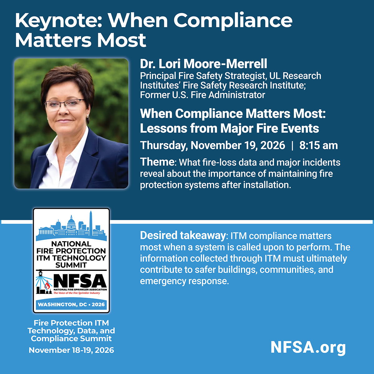 NFSAorg's tweet photo. 🚨NFSA is excited to announce Dr. Lori Moore-Merrell as the keynote speaker for the NFSA ITM Technology, Data, and Compliance Summit in Washington, D.C.!
Join industry leaders for discussions on the future of fire protection system inspection, testing, and maintenance (ITM), emerging technologies, digital reporting, and improving compliance.
📍Event Details
November 18–19, 2026
International Code Council (ICC) Washington, D.C. Office
250 Massachusetts Ave NW, Suite 250
Washington, DC 20001
📆Schedule
November 18 | 4:30–6:00 PM ET: Welcome Reception
November 19 | 8:00 AM–4:30 PM ET: Summit Program
‼️The event is free to attend, but preregistration is required.
Register today: https://t.co/Gxi2BVJ4qA