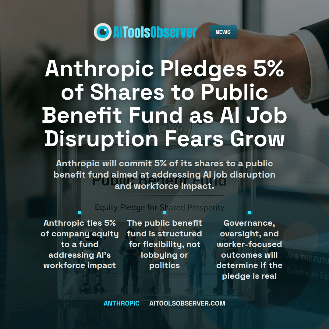 Alecusss's tweet photo. Worth keeping an eye on:

 Anthropic is pledging 5% of its shares to a public benefit fund focused on AI’s workforce impact. Is this a real model for job disruption support or just pre-IPO optics? Our breakdown looks at...

More detail, if useful:
 https://t.co/hSeV62EGSj https://t.co/bybgJTB5uo