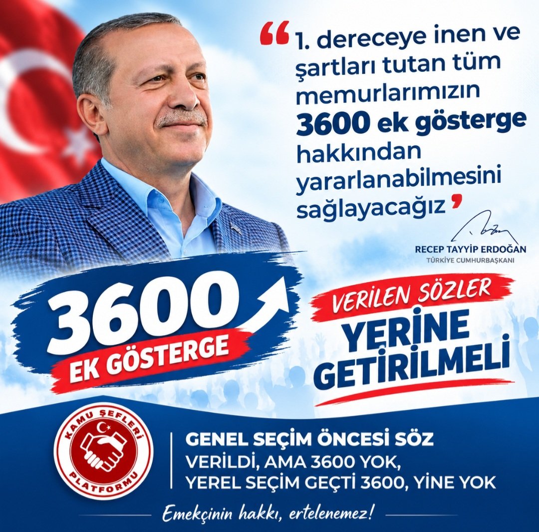 KamuSefleri's tweet photo. 📢Seçim meydanlarında verilen sözler unutulmasın!
Birinci dereceye gelen memurlar için 3600 Ek Gösterge bir lütuf değil, haktır.
🧾 Emeğe saygı 
⚖️ Adalet istiyoruz 
⏳ Oyalama değil çözüm istiyoruz
❗️SÖZÜNÜZÜ YERİNE GETİRİN
✊ #KamuŞefleri 
@RTErdogan @_cevdetyilmaz @efkanala https://t.co/90eOu4HP5M