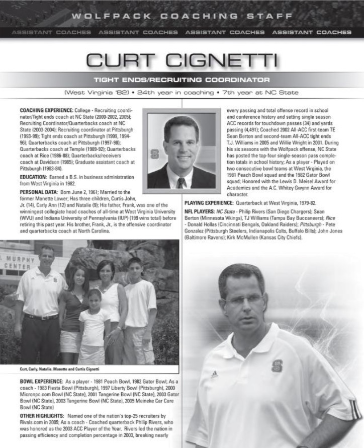 JoedyMcCreary's tweet photo. It had slipped my mind that the TEs coach and recruiting coordinator on Chuck's final staff at NC State was none other than @CCignettiIU. https://t.co/fuHgi5LmOE