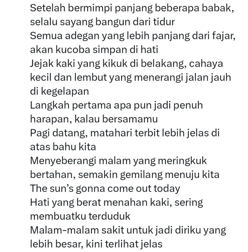 Grizellaeris's tweet photo. Arti lirik dari lagu The Sun😭😭

"Setelah bermimpi panjang beberapa babak, selalu sayang bangun dari tidur" 

DEYM TEORI KEMARIN BERARTI.. 😭 https://t.co/JviKSz5ShZ