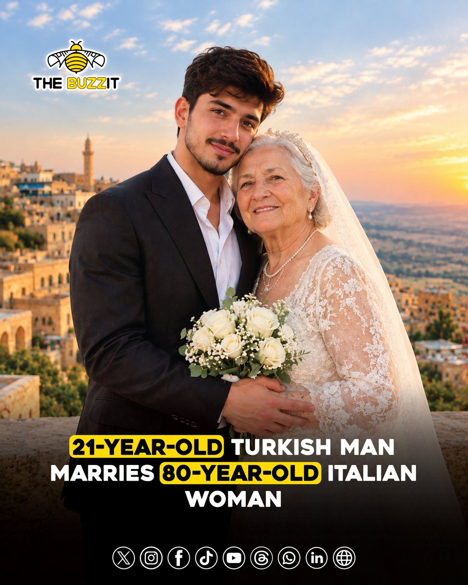 TheBuzzitGlobal's tweet photo. " 21-year-old Turkish Man Marries 80-year-old Italian Woman "

#Love #Marriage #AgeGap #ViralNews #Trending

@TheBuzzItLive  @TheBuzzitGlobal 
#TheBuzzitLive #TheBuzzitGlobal #TheBuzzit #Buzzit https://t.co/xzlQMB61ND