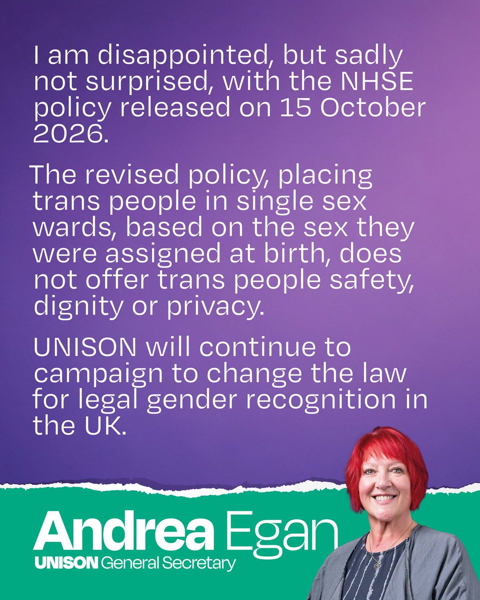 jan_murray's tweet photo. You might expect the general secretary of the UK's largest union for women to welcome greater clarity on women's rights to single-sex spaces.

But women aren't even mentioned in her statement about the NHS's revised single-sex accommodation policy.

Apparently, @unisontheunion general secretary Andrea Egan is more concerned with the 'safety, dignity and privacy' of men who identify as women.

Her statement is also misleading by omission.

She fails to mention that the NHS guidance makes provision for alternative accommodation for trans patients, including single rooms, subject to clinical needs.

Instead, her statement focuses entirely on the needs of trans patients, without acknowledging the rights or concerns of women who rely on NHS services.

And then there's the ideological language.

Sex is not 'assigned' at birth. It is observed and recorded by a medical professional.

Imagine being a female NHS worker, paying your union subs every month, only to discover that your general secretary Andrea Egan Unison General Secretary is using your hard-earned money to advance men's interests - not women's.