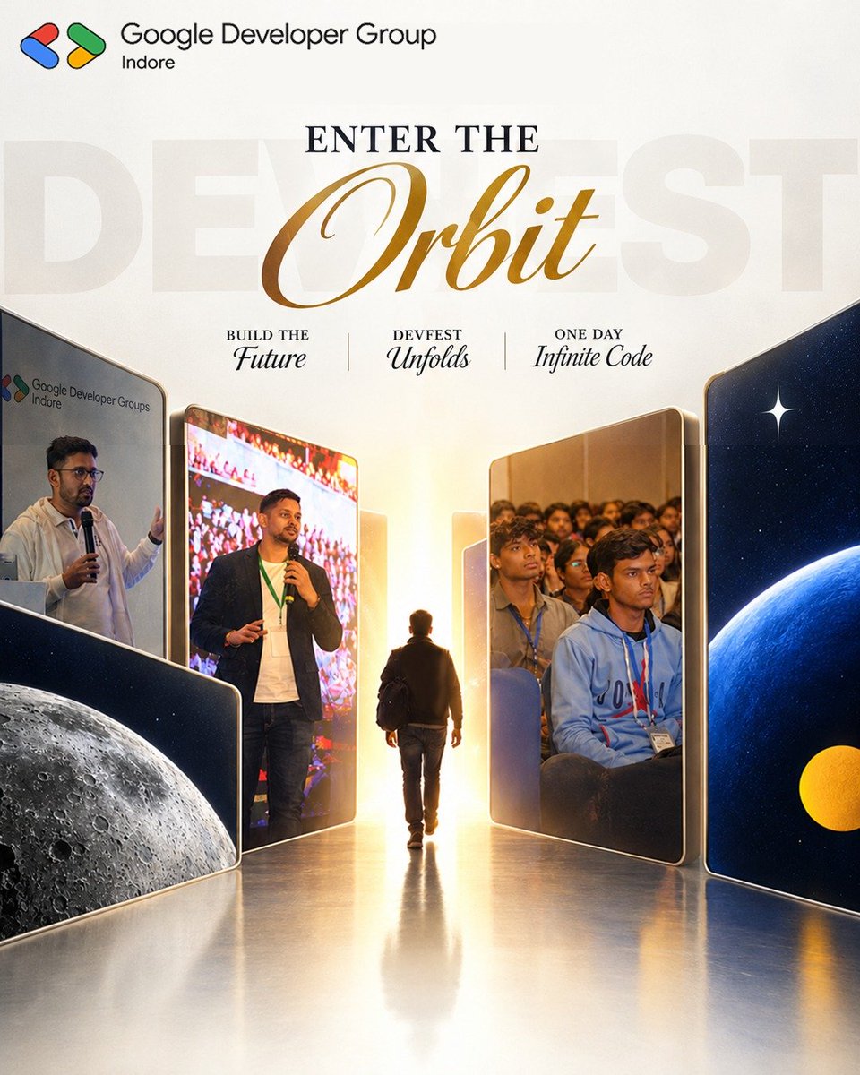 GDG_Indore's tweet photo. π ENTER THE ORBIT π
DevFest Indore 2026 is launching into a universe of space, astronomy & infinite possibilities!
β¨ Build the Future. DevFest Unfolds. One Day, Infinite Code.
Ready for liftoff?
#devfest2026indore #gdgindore #gdgindia #gdgcloudindore #mlindore #wtmindore https://t.co/9DD3AjjuBQ