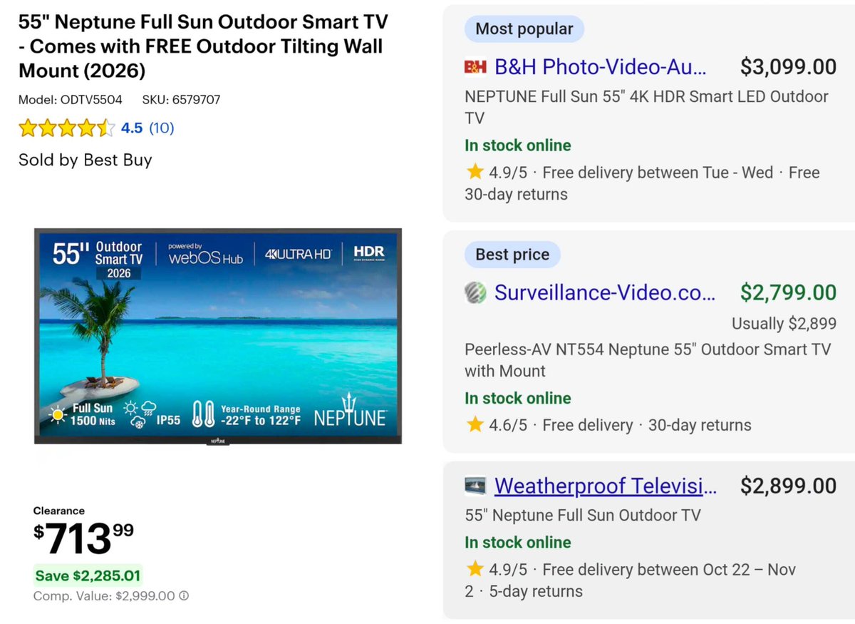 GlitchedDeals's tweet photo. $3,000 NEPTUNE 55" SMART 4K TV NOW $714

This outdoor TV has been heavily marked down at Best Buy

https://t.co/vAQIIWy8eS 

Other retailers are charging over $2,900

Free wall mount and shipping included #ad https://t.co/O2GIHenWph