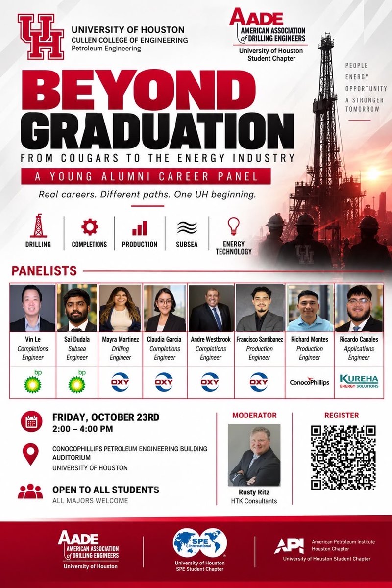 UHEngineering's tweet photo. Interested in a career in the energy industry?

Hear firsthand insights from professionals at BP, Oxy, ConocoPhillips and Kureha about their career paths and industry experiences!

Open to students of all majors. We look forward to seeing you there! https://t.co/wB86KutARk