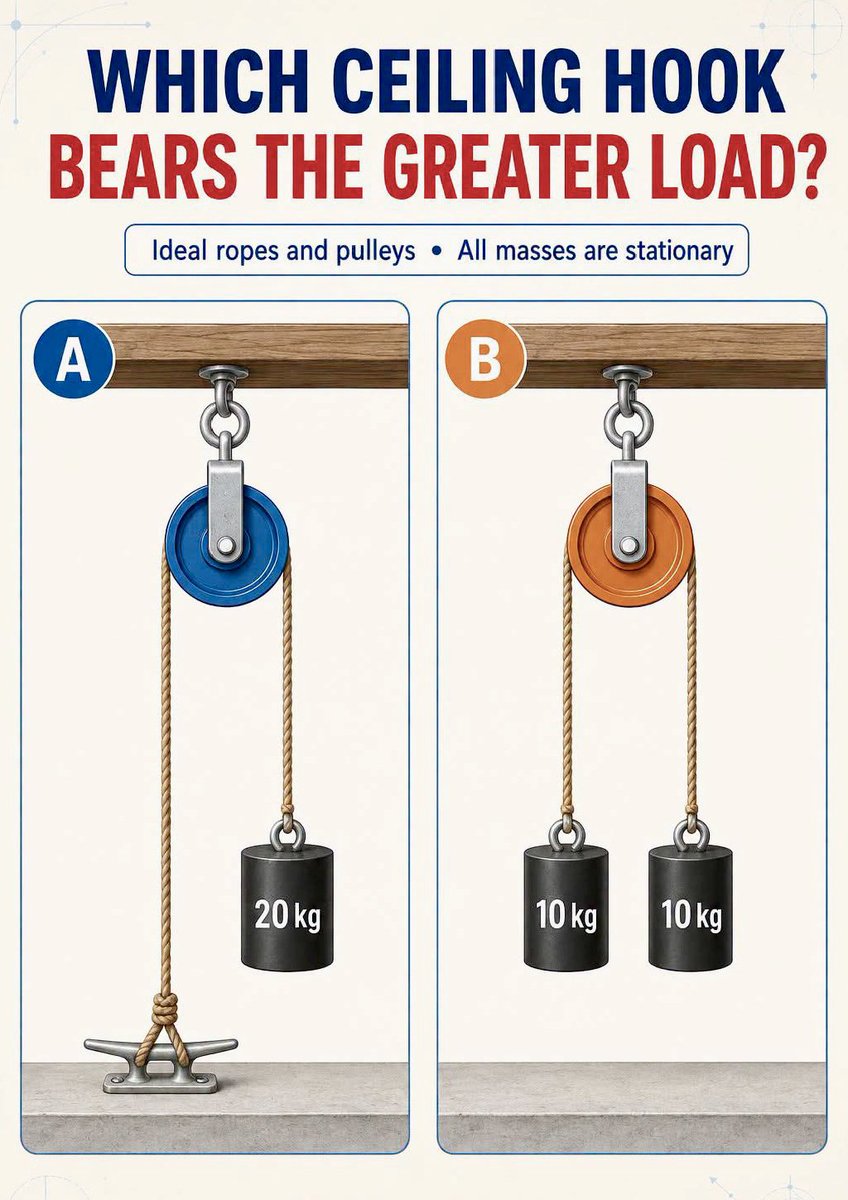 Brainy_Bits_Hub's tweet photo. βοΈ Which ceiling hook bears the greater loadβA or B?
.
.
.
#pulleysystem #tension #forces
#ScienceEducation #STEMLearning https://t.co/bNekZmEMfB