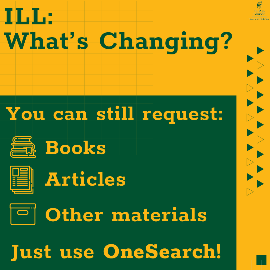 cpplibrary's tweet photo. 📚 ILL is changing, Broncos!

Starting Dec. 1, request books, articles &amp; other materials through OneSearch! 💚

⚠️ Nov. 30 is the last day to submit ILLiad requests.

Need help? 📧 libldrs@cpp.edu

#CPPLibrary #OneSearc https://t.co/CFnhyv11bj