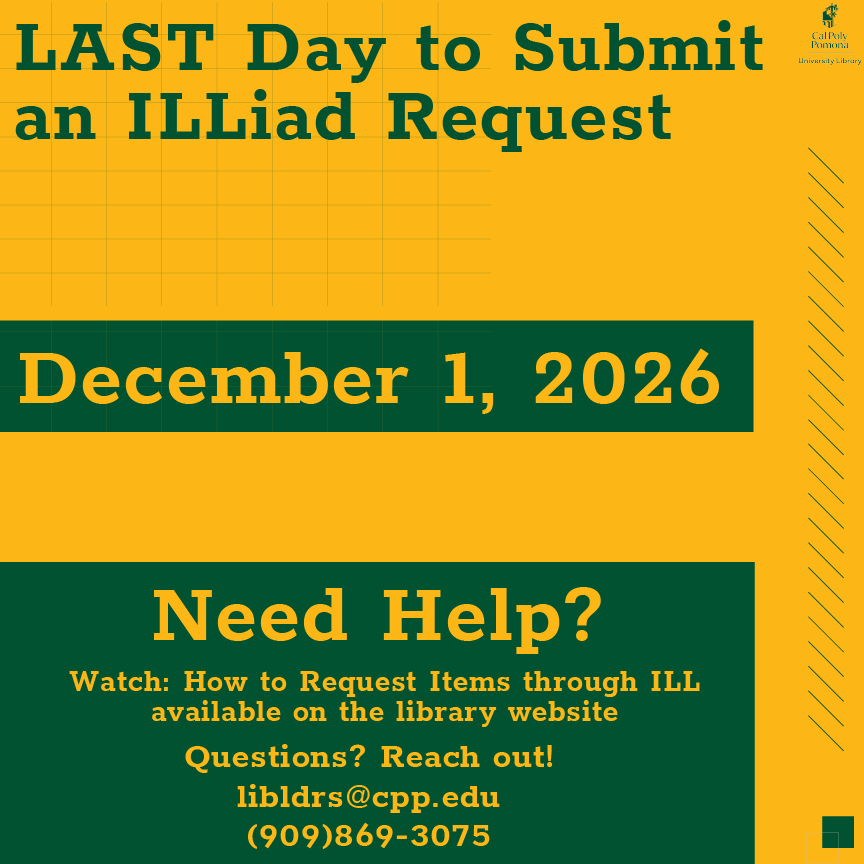 cpplibrary's tweet photo. 📚 ILL is changing, Broncos!

Starting Dec. 1, request books, articles &amp; other materials through OneSearch! 💚

⚠️ Nov. 30 is the last day to submit ILLiad requests.

Need help? 📧 libldrs@cpp.edu

#CPPLibrary #OneSearc https://t.co/CFnhyv11bj