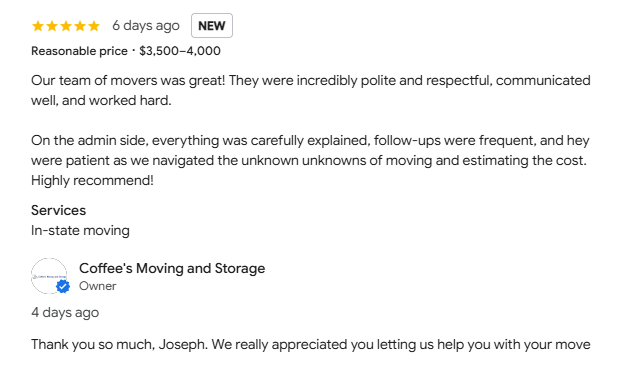 coffeesmoving's tweet photo. A great Google review from Joseph! Thank you! https://t.co/K5HBJGblJt