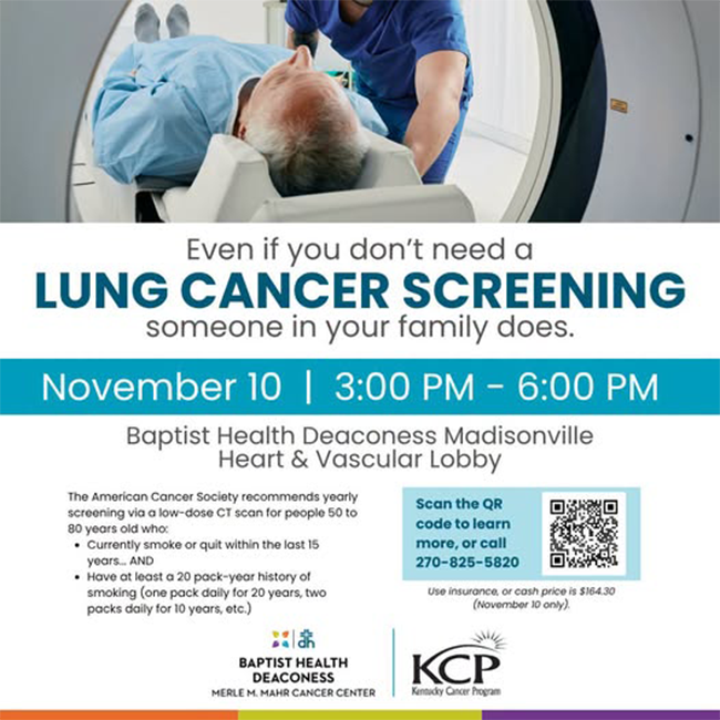 KyCancerProgram's tweet photo. Make plans now for the Lung Cancer Screening event @BHMadisonville on Nov. 10.

Even if you don't need a lung cancer screening, someone in your family does! https://t.co/pKxiWpRRBS