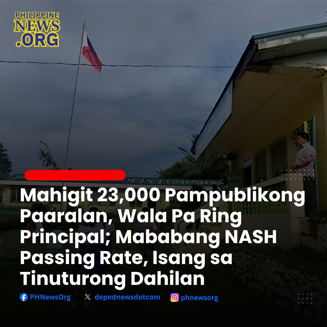 PHNewsOrg's tweet photo. Tinatayang 23,000 pampublikong paaralan sa Pilipinas ang wala pang pormal na principal, ayon sa DepEd. Kabilang sa mga tinukoy na hamon ang mababang NASH passing rate at kakulangan ng pondo para sa mga bagong posisyon.

Details: https://t.co/9BFV1PYS4H

#DepEd #PHNewsOrg https://t.co/uQIrXyCCZx