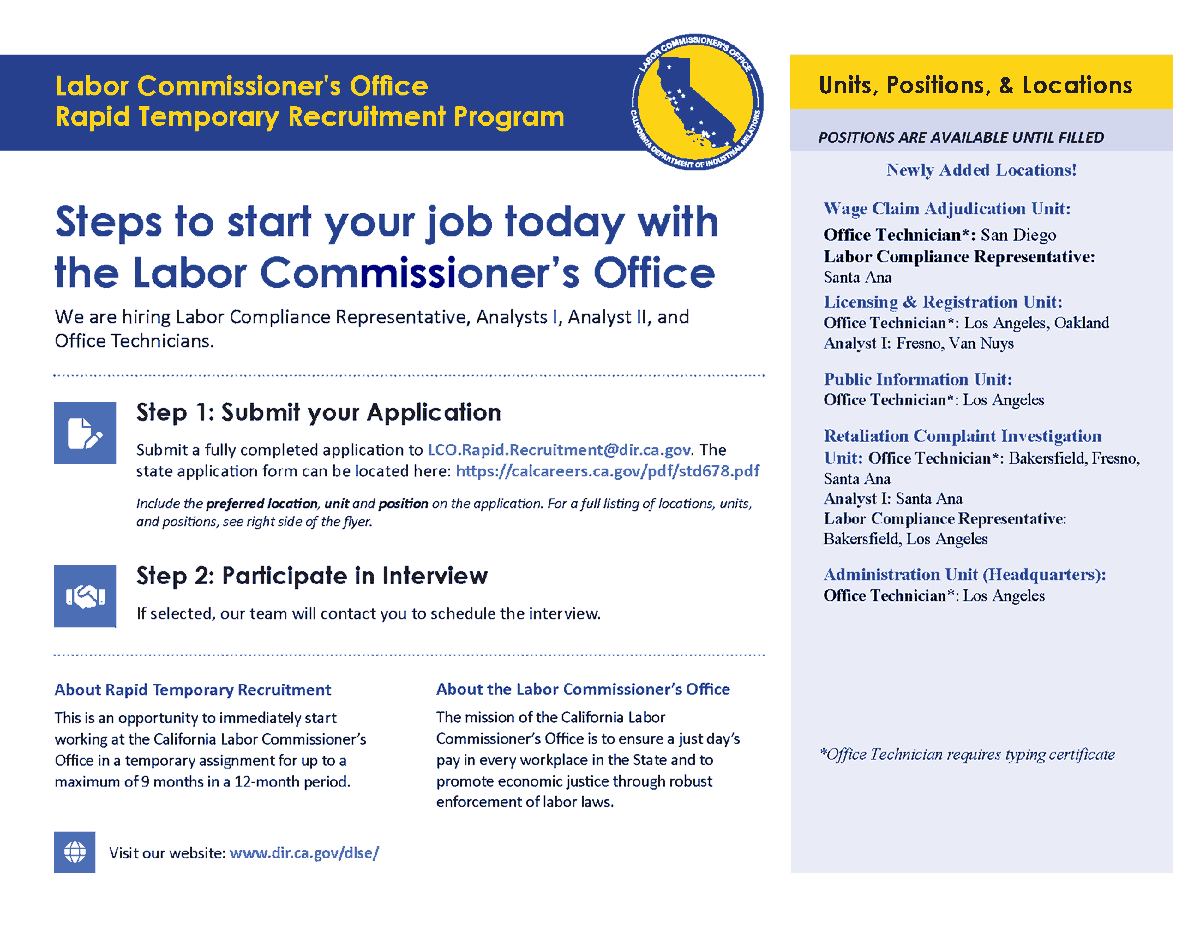 CA_DIR's tweet photo. Ready to make a difference in your community? 

Join the Labor Commissioner’s Office today and put your passion into action! 

Our Rapid Temporary Recruitment Program has openings around the state.   

#Hiring #Webinar #JobSearch #CAStateJobs #Work4CA #LCORecruitment https://t.co/EXAVAWldUd