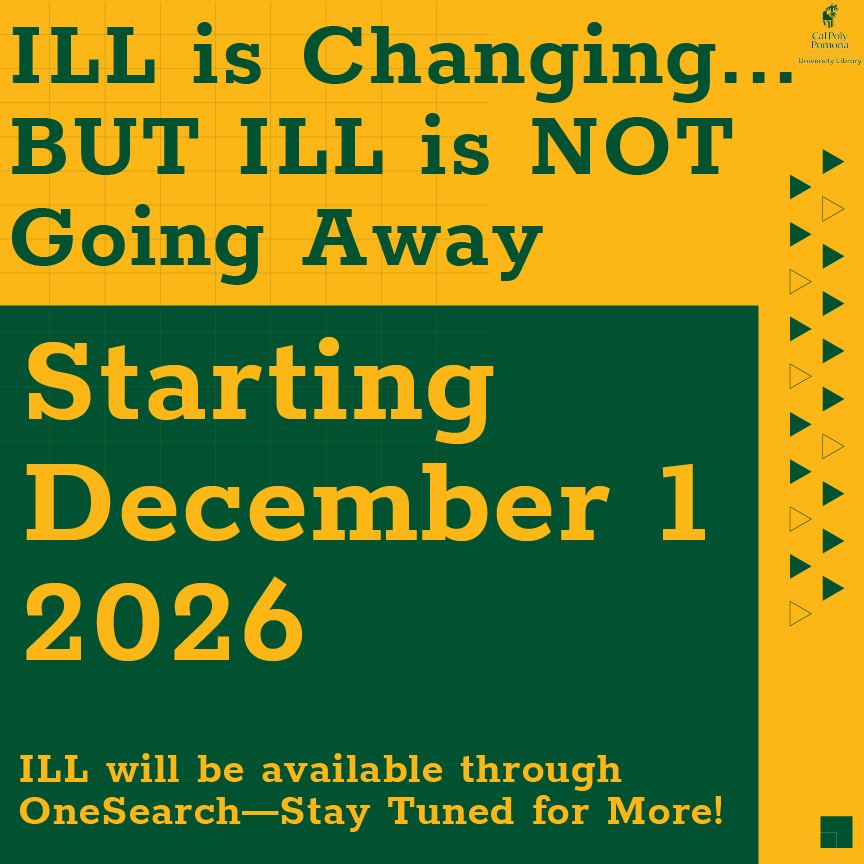 cpplibrary's tweet photo. 📚 ILL is changing, Broncos!

Starting Dec. 1, request books, articles &amp; other materials through OneSearch! 💚

⚠️ Nov. 30 is the last day to submit ILLiad requests.

Need help? 📧 libldrs@cpp.edu

#CPPLibrary #OneSearc https://t.co/CFnhyv11bj