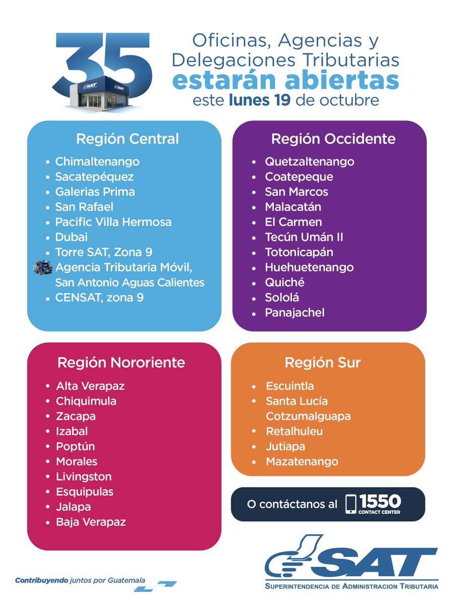 SATGT's tweet photo. Hoy, 19 de octubre, 3️⃣5️⃣ 🏢Oficinas, Agencias y Delegaciones Tributarias están abiertas (sin cita) a nivel nacional, de 8:00 a 16 horas, para 🤝🏼 facilitar tu cumplimiento voluntario.

Las 🛃 Aduanas también atienden en horario regular, con excepción de la Aduana de Vehículos y Fardos Postales.