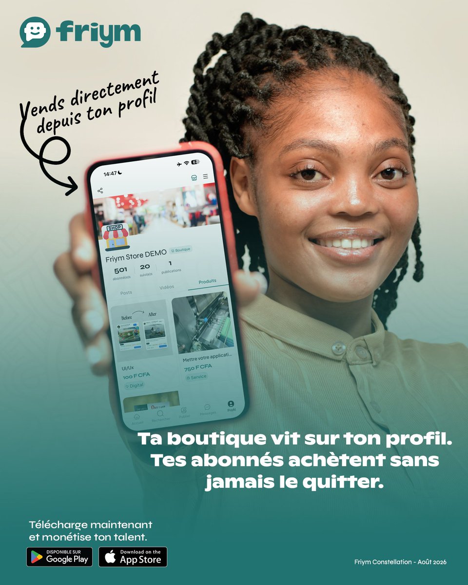 getfriym's tweet photo. Vends à ta communauté sans quitter l’app. Fichiers, services ou produits — Mobile Money, seulement 5 % sur les ventes.
