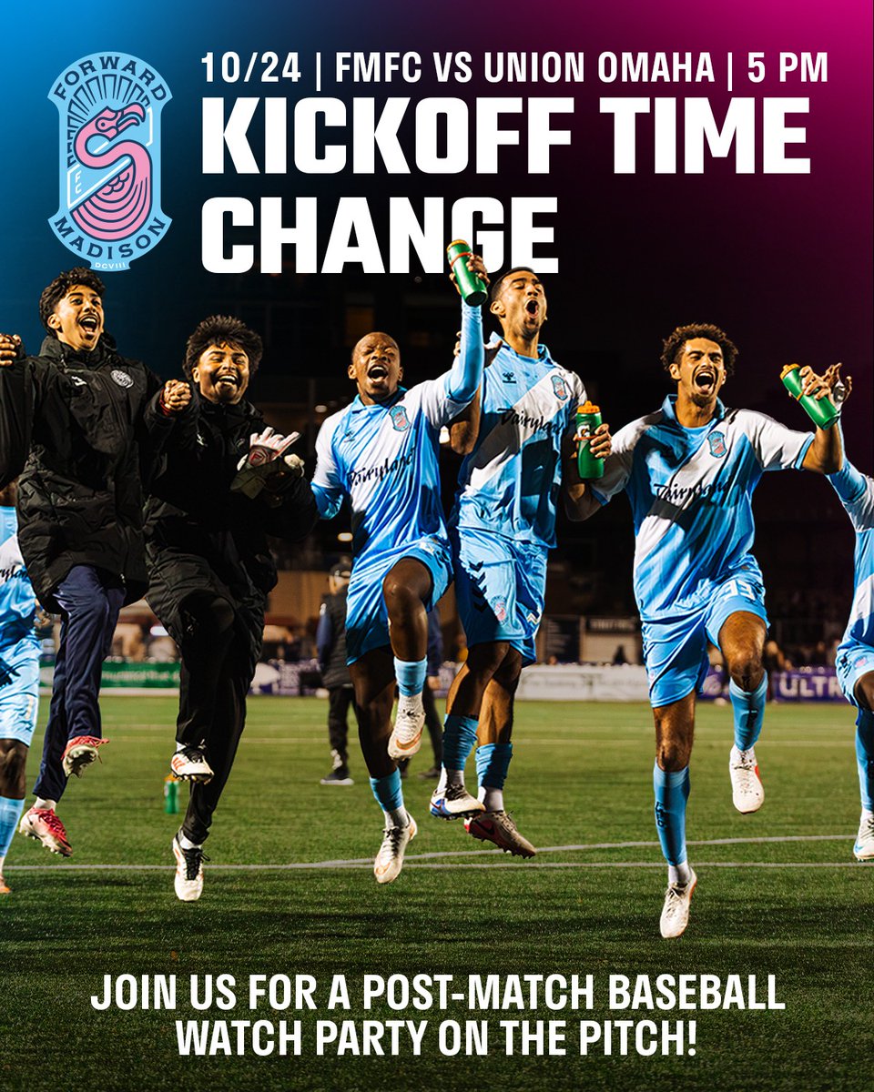 ForwardMSNFC's tweet photo. 🚨 Kickoff time change!

We can't wait to kick this one off either, so, we pushed this Saturday's 10/24 match against Union Omaha to 5 PM❗

Fans, you can also stick around after the match for a baseball watch party ON the pitch! ⚾ 

Tickets linked here: https://t.co/88tWprncar https://t.co/a0N4mexSUO