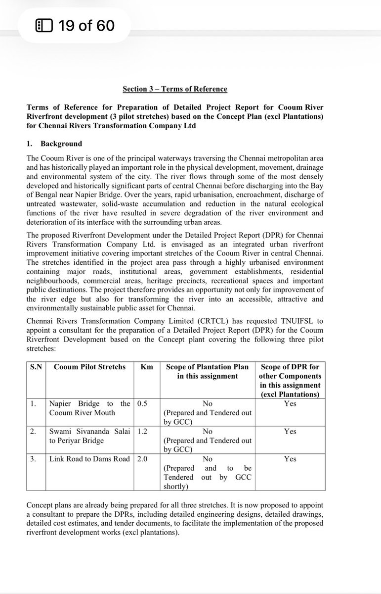 omjasvinMD's tweet photo. Tamil Nadu govt’s big plan to restore Cooum River.

30 days time to prepare DPR for contractor from day of letter of award

Key focus areas: Identify condition of river, encroachments, sewage outfall assessments, land utility assessment, operational and maintenance plan and implementation plan. 

3.7 kms targeted for restoration 

All downstream areas 

Napier to Cooum 

Sivananda Salai to Periyar Bridge

Link Road to Dams Road