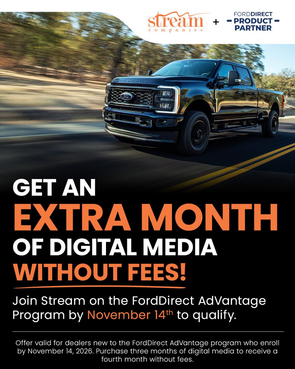 StreamCompanies's tweet photo. Make your digital media budget go further with Stream Companies and FordDirect AdVantage!

For a limited time, Ford dealers can buy 3 months of digital media and get a 4th month free from fees when they enroll by November 14th.

Claim Your Offer: https://t.co/HyzwmFSzu9 https://t.co/DSzmBhosNq