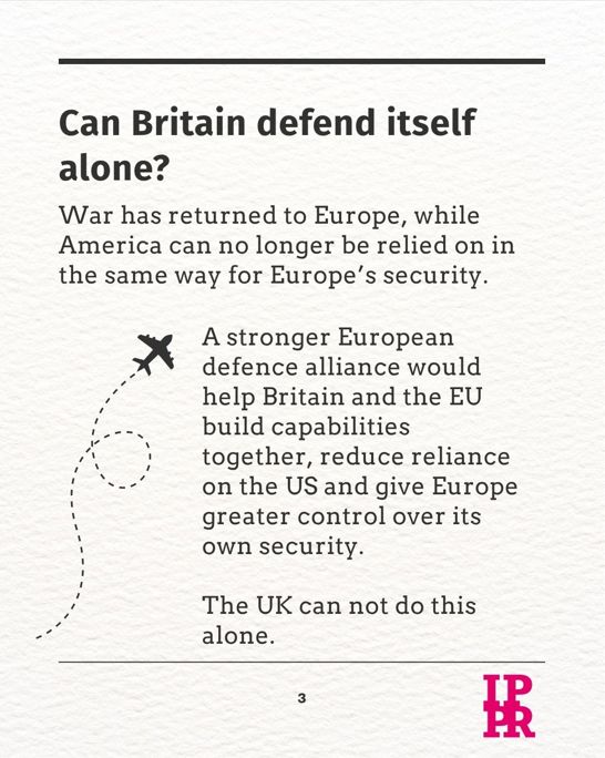 IPPR's tweet photo. Britain voted to leave the EU in 2016 to 'take back control,' so why does it now feel like we have less?

Economic power increasingly depends on scale. Defence relies on shared capabilities and industrial strength. And threats to democracy, from disinformation to foreign interference, do not stop at national borders. 

Our new report argues that Britain cannot secure its prosperity, security and democracy alone. In today’s world, greater control means building greater power with Europe, with EU membership as the medium-term goal.