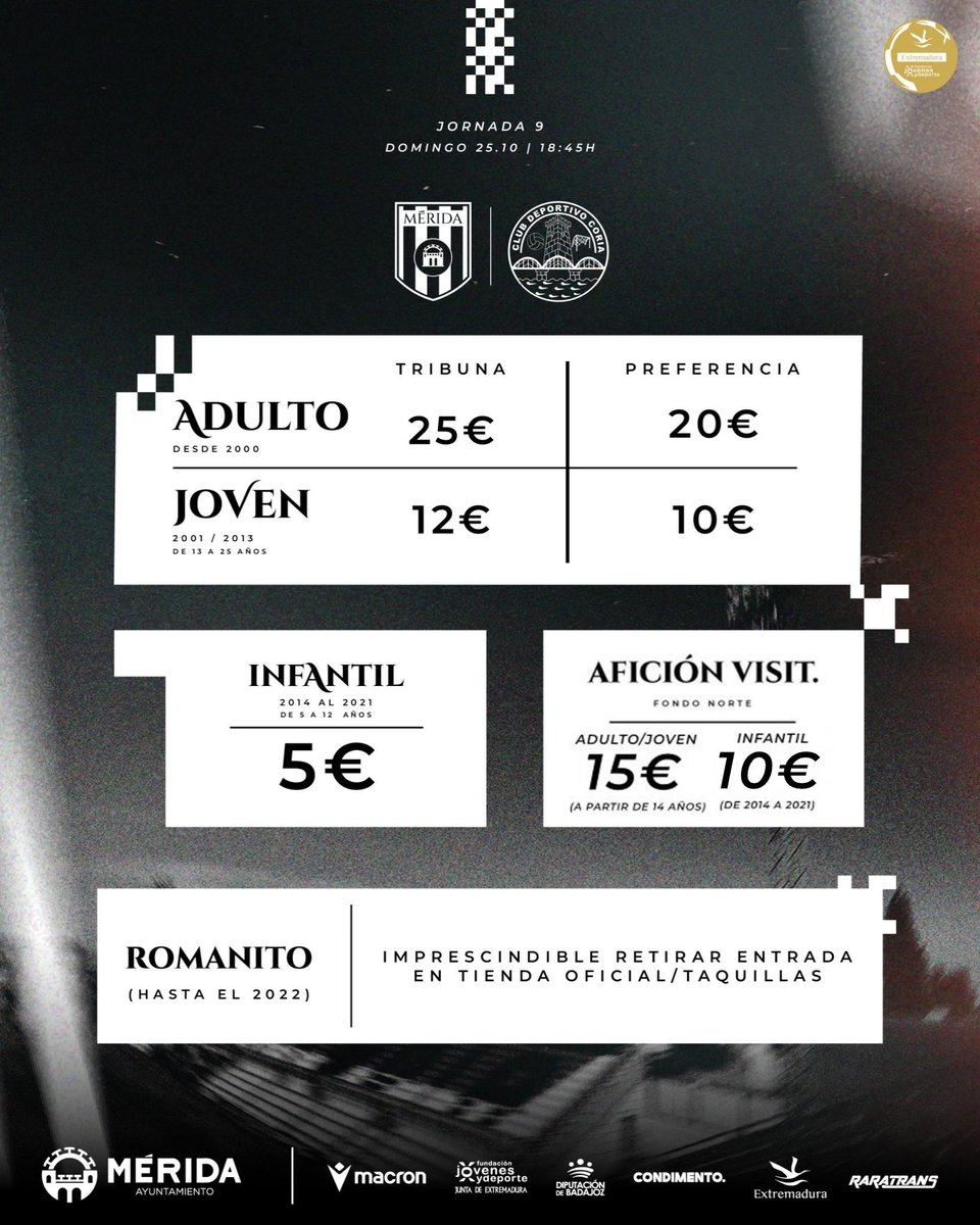 Merida_AD's tweet photo. 🚨 ENTRADAS ya a la venta para el #MéridaCoria 

📲 Toda la información: https://t.co/1cpIEnvsfH

🟢⚪️⚫️ #DerbiExtremeño https://t.co/3mbfJ7Ns2X