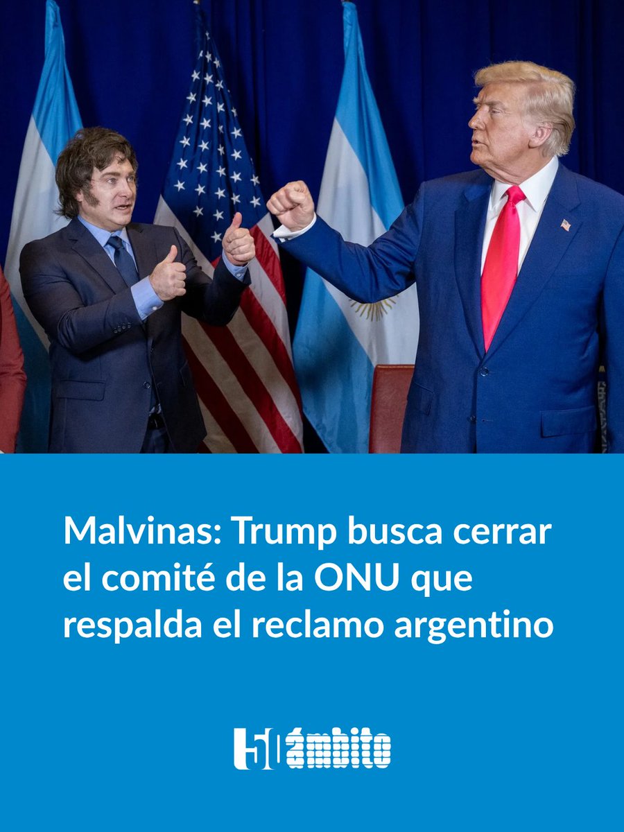 Ambitocom's tweet photo. MALVINAS: DONALD TRUMP BUSCA CERRAR EL COMITÉ DE LA ONU QUE RESPALDA EL RECLAMO ARGENTINO

Washington pidió terminar el mandato del Comité Especial de Descolonización, que promueve el diálogo entre Buenos Aires y Londres por la soberanía del archipiélago. La iniciativa de la administración de Donald Trump se conoce en medio de una nueva escalada de tensión entre Buenos Aires y Londres.

➡️La postura estadounidense quedó registrada en una resolución publicada el 15 de octubre, en la que la representante del país cuestionó el funcionamiento de la comisión y sostuvo que “dejó de cumplir su propósito original”. El documento no menciona específicamente a las Malvinas, aunque la eventual disolución del organismo afectaría el ámbito en el que la Argentina sostiene históricamente su reclamo diplomático.