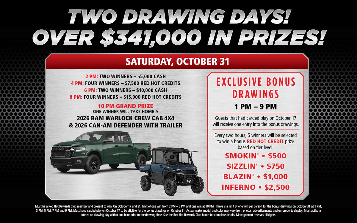 FireKeepers's tweet photo. Thought we were done? Nope. 👀

One more Double Duty drawing day is coming October 31, with even more cash, Red Hot Credits, and a VERY big grand prize.

Keep earning those entries! https://t.co/K9eitWPprW