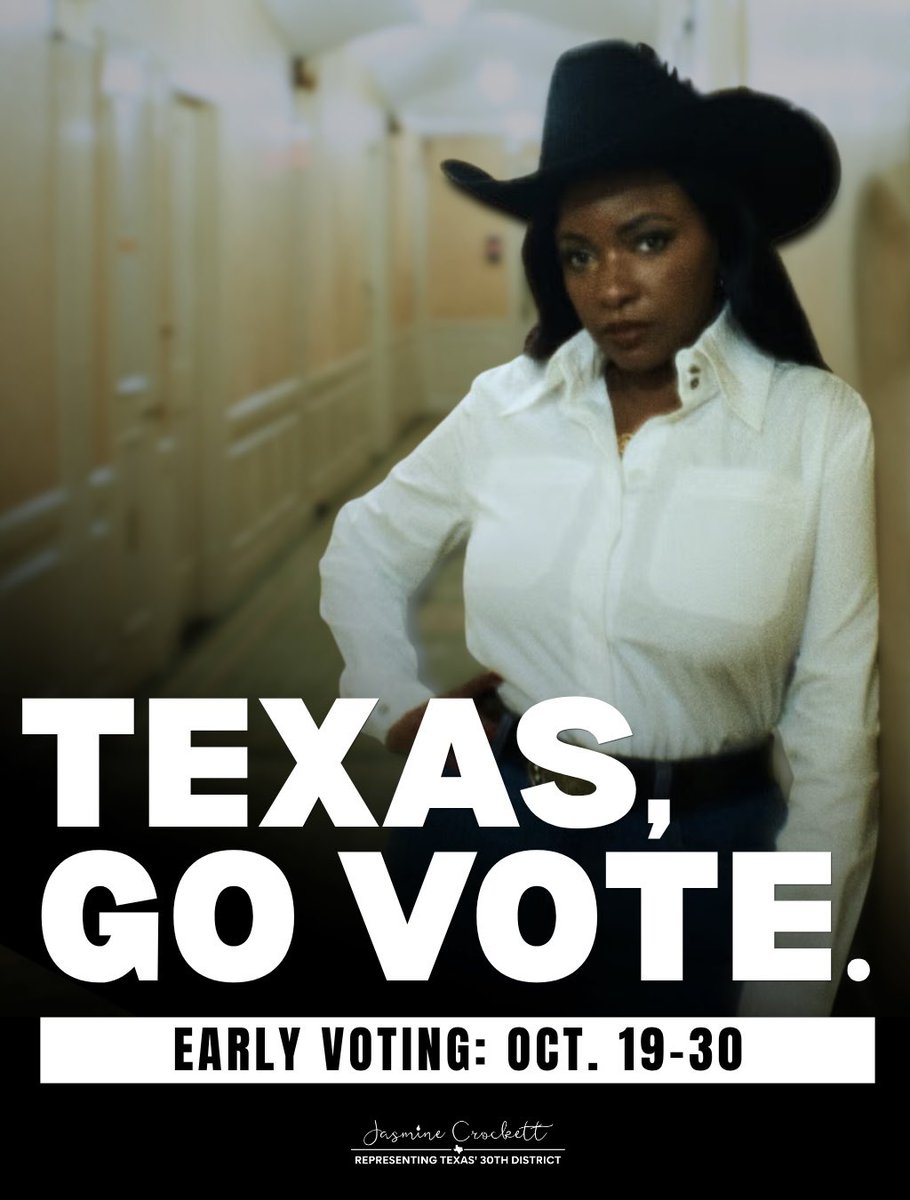 A political campaign poster shows a woman wearing a black cowboy hat and white shirt, standing in a hallway. Large promotional text fills the lower portion of the poster, with a signature and smaller text beneath.