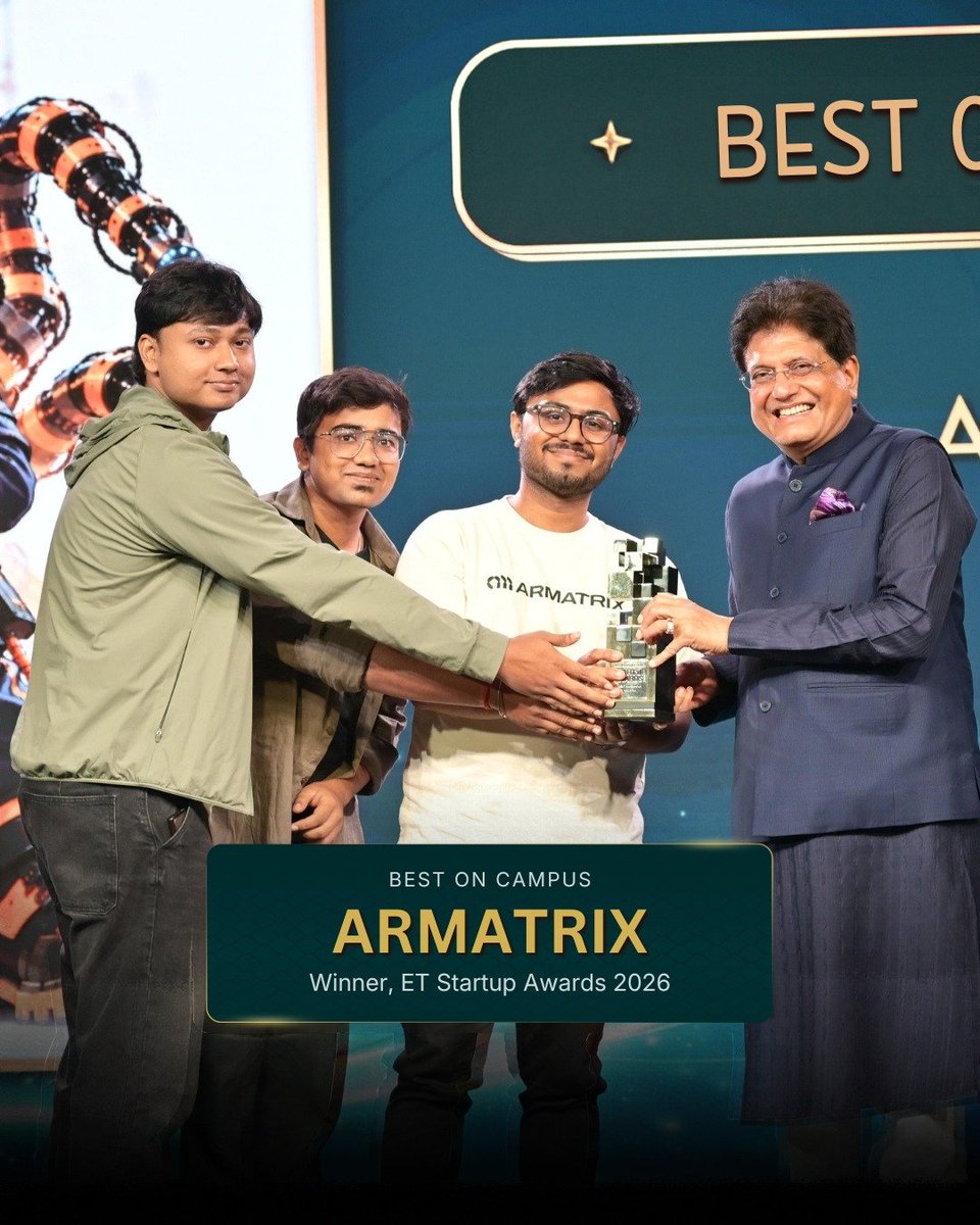 ETFrontRow's tweet photo. A campus-born robotics idea has earned Armatrix the ‘Best on Campus’ title at the ET Startup Awards 2026.

Inspired by the International Space Station’s robotic arm, the IIT Kanpur-founded startup is developing snake-like robotic systems for hazardous industrial spaces where human intervention carries serious risk.

With $2.1 million in pre-seed funding, Armatrix is turning ambitious research into a category with real-world potential.

If you could go back to your campus days, what innovation would you explore?

#ETStartupAwards #ETSA2026

@armatrix_IN 

@IDFCFIRSTBank @EdgeByTitan @TheLeelaHotels @Tracxn @EconomicTimes