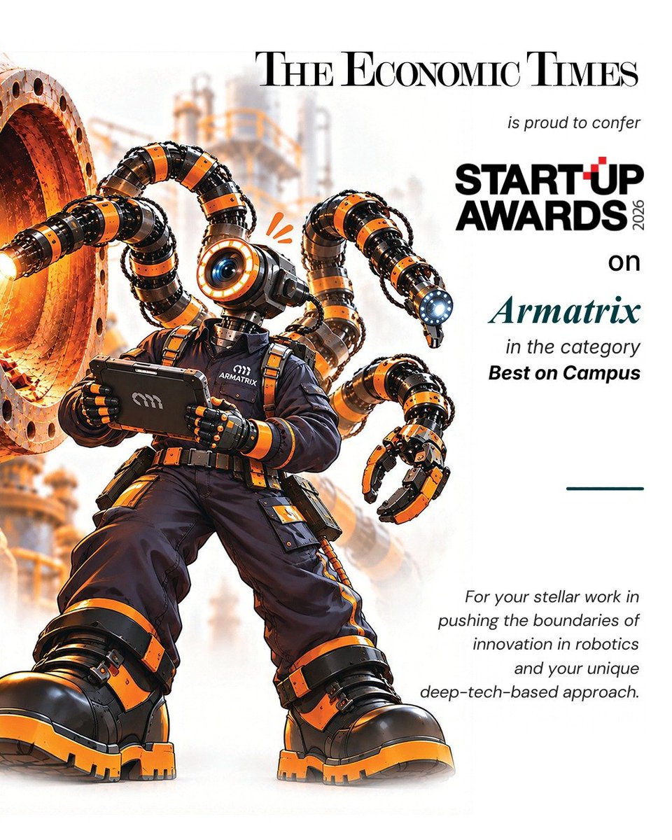 ETFrontRow's tweet photo. A campus-born robotics idea has earned Armatrix the ‘Best on Campus’ title at the ET Startup Awards 2026.

Inspired by the International Space Station’s robotic arm, the IIT Kanpur-founded startup is developing snake-like robotic systems for hazardous industrial spaces where human intervention carries serious risk.

With $2.1 million in pre-seed funding, Armatrix is turning ambitious research into a category with real-world potential.

If you could go back to your campus days, what innovation would you explore?

#ETStartupAwards #ETSA2026

@armatrix_IN 

@IDFCFIRSTBank @EdgeByTitan @TheLeelaHotels @Tracxn @EconomicTimes