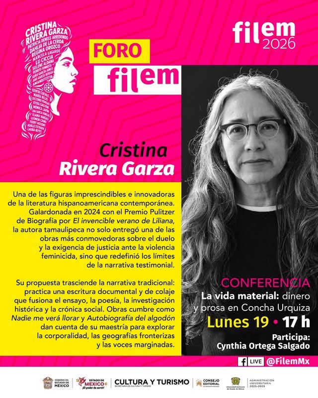 Filem_Mx's tweet photo. 📢 Hoy evento imperdible en la #FILEM2026

Cristina Rivera Garza, a través del concepto de «escritura como práctica material» y el trabajo de archivo, aborda la trayectoria de la poeta mexicana Concha Urquiza.

📍Foro FILEM • Plaza de los Mártires • 5pm
@criveragarza  @UAEM_MX https://t.co/VtYvwjzPqY