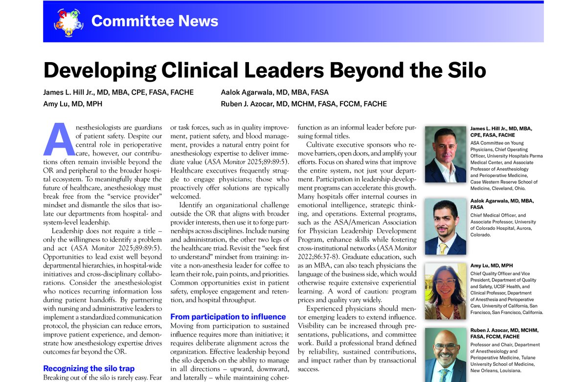 ASAMonitor's tweet photo. Drs. James Hill, Aalok Agarwala, Amy Lu, and Ruben Azocar write about opportunities to lead beyond departmental hierarchies. 

Discover ways to manage in all directions and how to develop sustained influence. 
https://t.co/wLqvT9X5Ua https://t.co/G2GbHXDI1w
