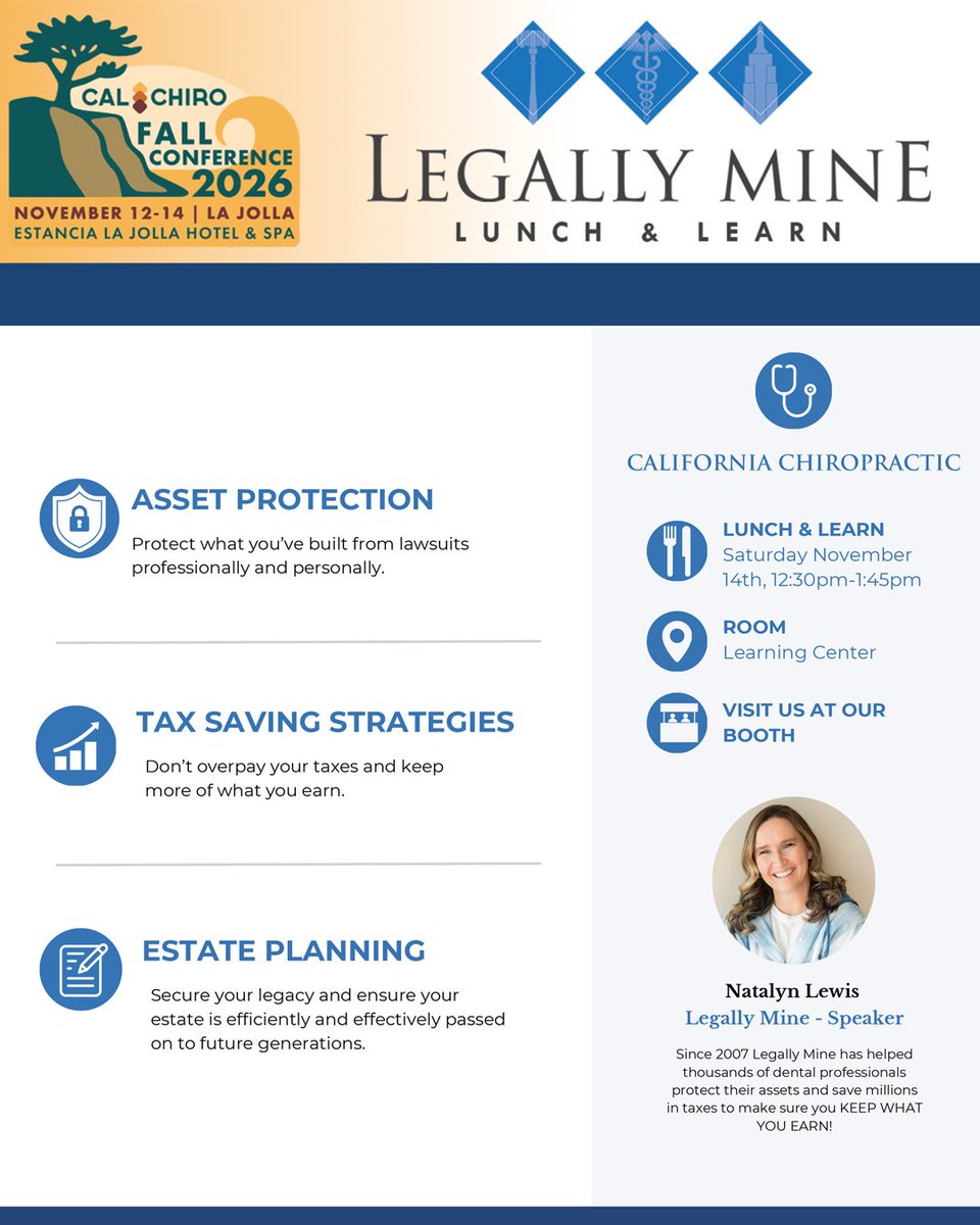 CalChiroOrg's tweet photo. Join us during CalChiro Fall Conference 2026 for a special Lunch &amp; Learn presented by @LegallyMine.

Register here → https://t.co/Hw0YQpaGoX

#CalChiroFallConference #ChiropracticPractice #PracticeProtection https://t.co/Rn40fh7E9J