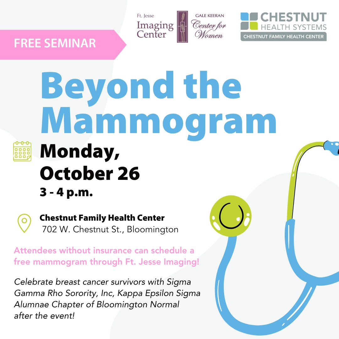 ChestnutHealth's tweet photo. Join us next Monday for a free community seminar focused on breast cancer prevention, detection, risk factors, and breast health.

📅 October 26
 🕒 3-4 p.m.
 📍 Chestnut Family Health Center, 702 W. Chestnut St., Bloomington

Register today: https://t.co/FSunpBfNne https://t.co/s2oPS4Txvb