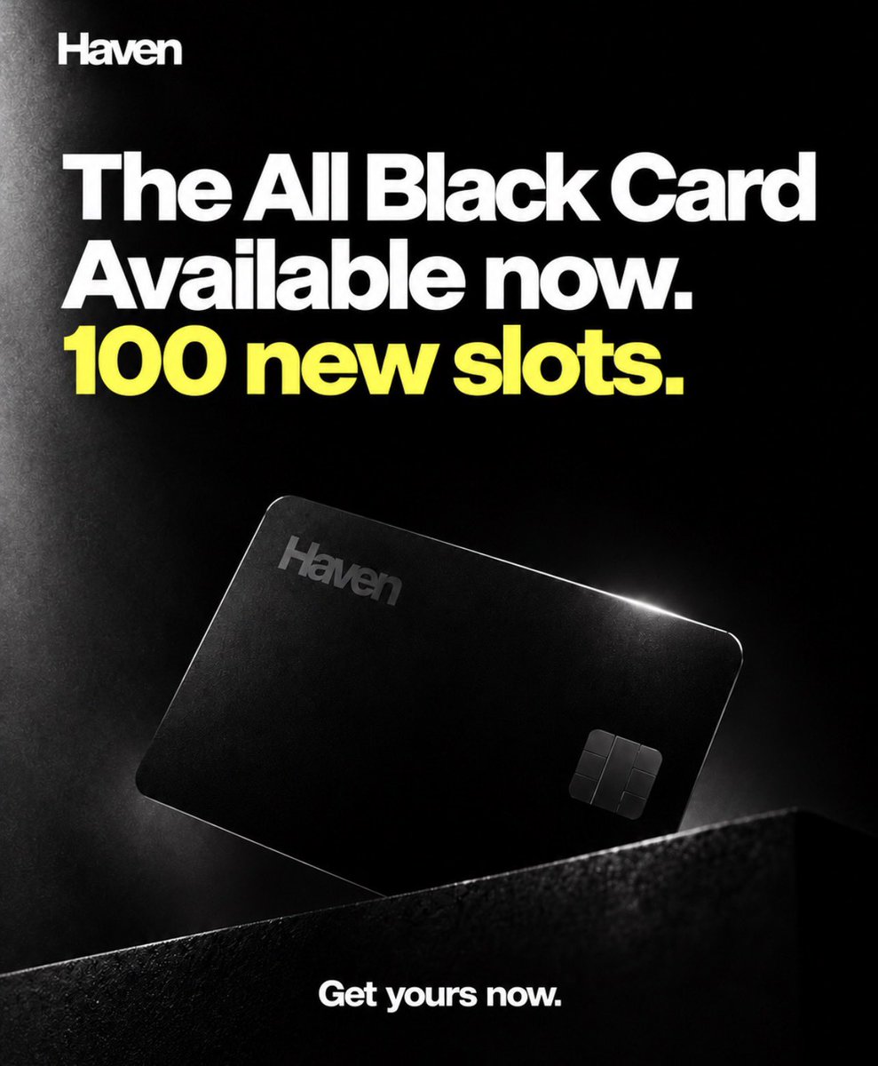 Haven_Hn_'s tweet photo. Your turn to go All Black.🖤

100 new slots are now open for the Haven All Black Card.

Self-custody. Onchain privacy. Everyday spending.

Your money stays yours. Your next move stays private.

Get yours now: https://t.co/NC62mXD14z

Built on @Starknet https://t.co/duJVpobJgJ