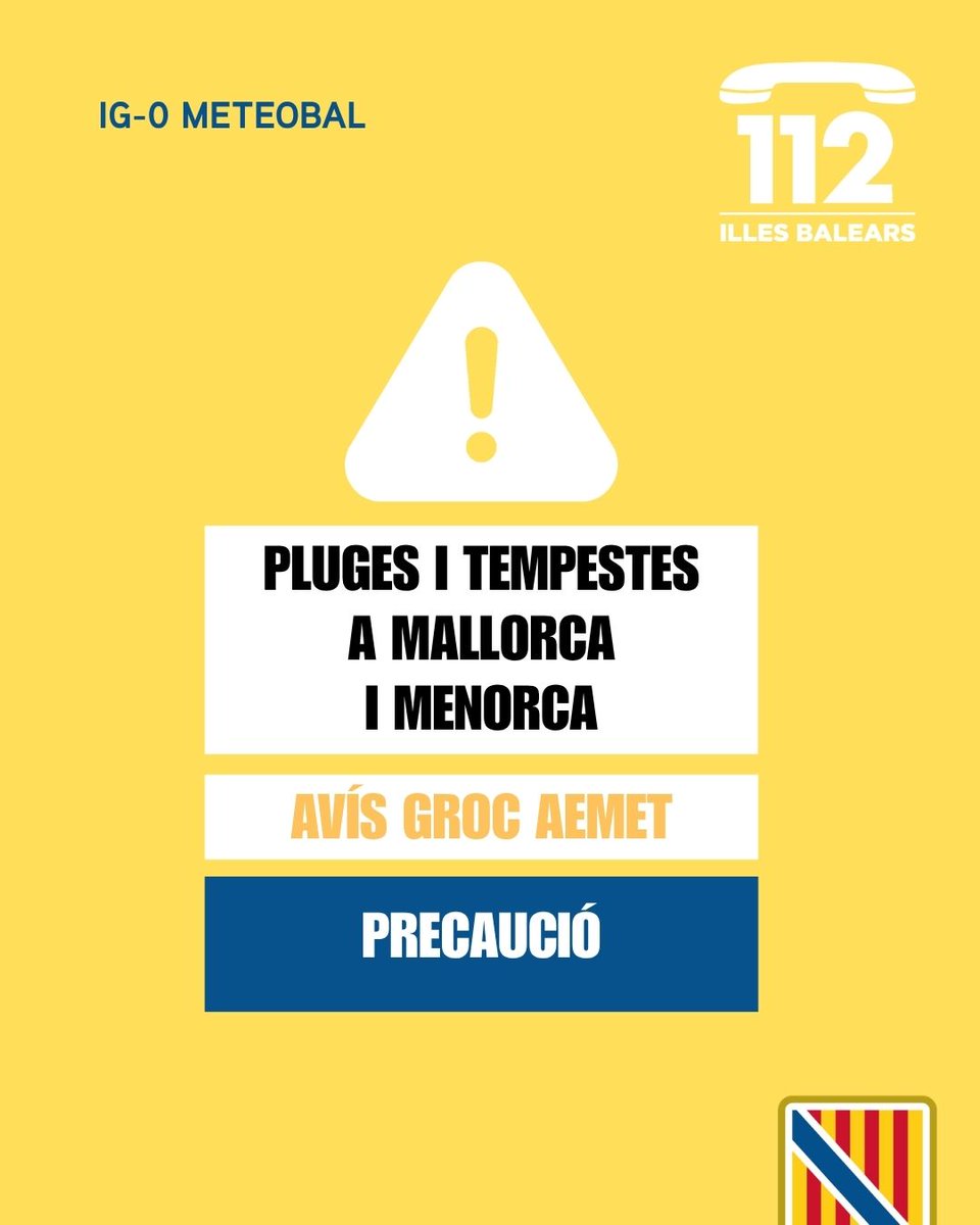 Emergencies_112's tweet photo. ⚠️ Actualització de les alertes del Pla #Meteobal per meteorologia adversa ⛈️

➡️ Mallorca, Eivissa i Formentera deixen d’estar en alerta vermella.

🟠 Activada l’alerta taronja (IG-1 del Pla Meteobal) per pluges ☔️ i tempestes ⛈️ a Eivissa i Formentera.

🟡 Activada l’alerta groga (IG-0 del Pla Meteobal) per pluges ☔️ a Mallorca i Menorca.

🙏🏻 Vos demanam molta precaució durant les pròximes hores. Seguiu els nostres consells d’autoprotecció i telefonau a l'112 en cas d’emergència 📞

💭 Podeu consultar els avisos per hores al canal oficial de @AEMET_Baleares:
➡️https://t.co/T7OwH3ZCs7