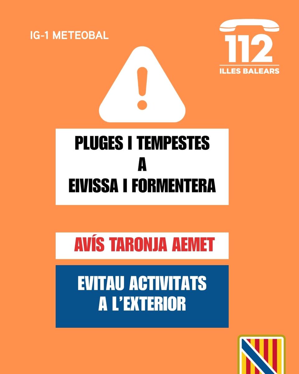 Emergencies_112's tweet photo. ⚠️ Actualització de les alertes del Pla #Meteobal per meteorologia adversa ⛈️

➡️ Mallorca, Eivissa i Formentera deixen d’estar en alerta vermella.

🟠 Activada l’alerta taronja (IG-1 del Pla Meteobal) per pluges ☔️ i tempestes ⛈️ a Eivissa i Formentera.

🟡 Activada l’alerta groga (IG-0 del Pla Meteobal) per pluges ☔️ a Mallorca i Menorca.

🙏🏻 Vos demanam molta precaució durant les pròximes hores. Seguiu els nostres consells d’autoprotecció i telefonau a l'112 en cas d’emergència 📞

💭 Podeu consultar els avisos per hores al canal oficial de @AEMET_Baleares:
➡️https://t.co/T7OwH3ZCs7