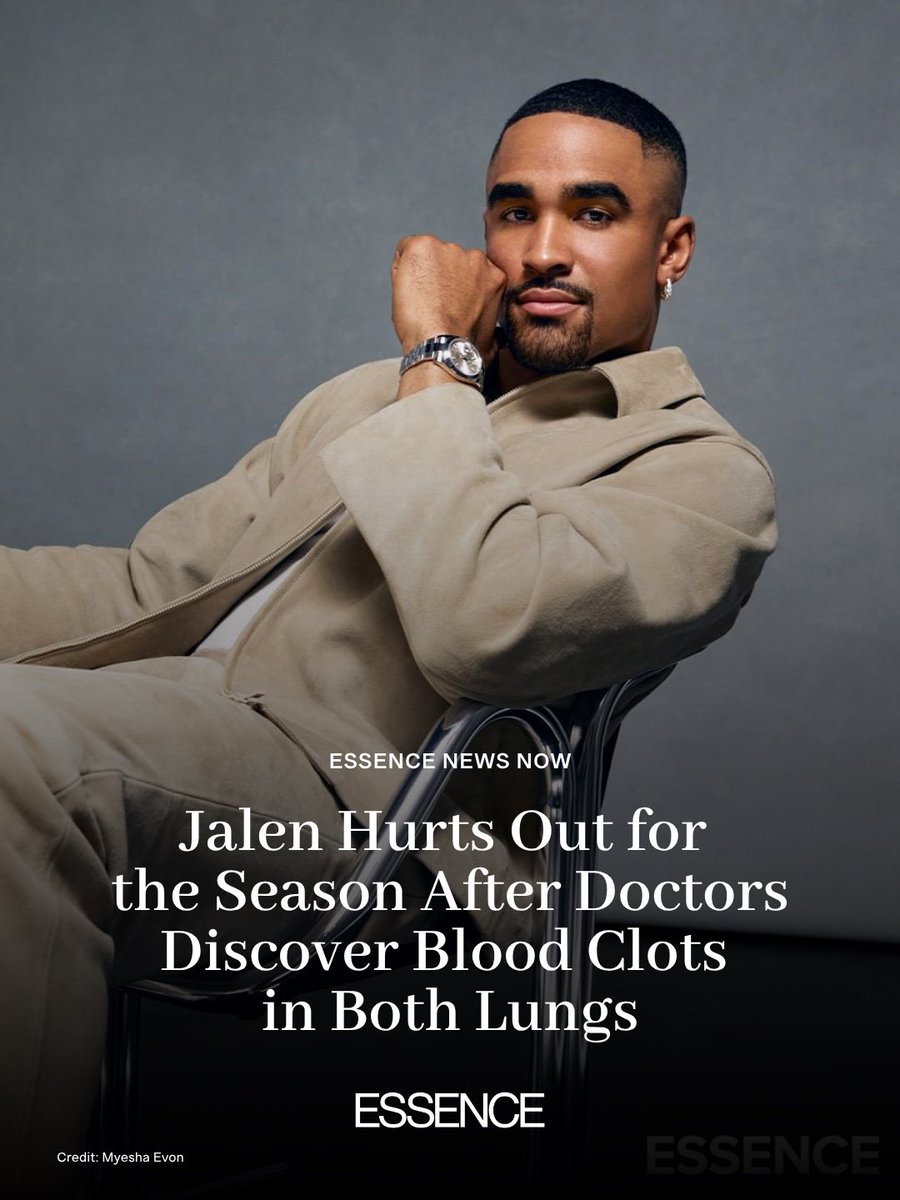 Essence's tweet photo. Sending love and prayers to Jalen Hurts. 

The Philadelphia Eagles quarterback will miss the remainder of the NFL season after being diagnosed with blood clots in his lungs.

According to a statement released by the Eagles and his agent, Nicole Lynn, Hurts is currently stable and undergoing treatment. Thankfully, doctors expect him to make a full recovery.

Football can wait. Your health comes first, always.

We're wishing you strength, healing, and a speedy recovery, Jalen.
