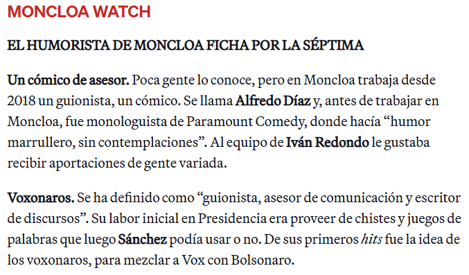 POLITICO_Esp's tweet photo. 🎭Desde 2018, trabaja en Moncloa un guionista, un cómico. Su labor inicial era proveer de chistes y juegos de palabras que luego Pedro Sánchez podía usar o no. Ahora deja el gabinete y se va a La Séptima. 

Más, en Madrid Playbook. Regístrate gratis ⬇️
https://t.co/IReQfai4V5 https://t.co/r2TJNbyLYS