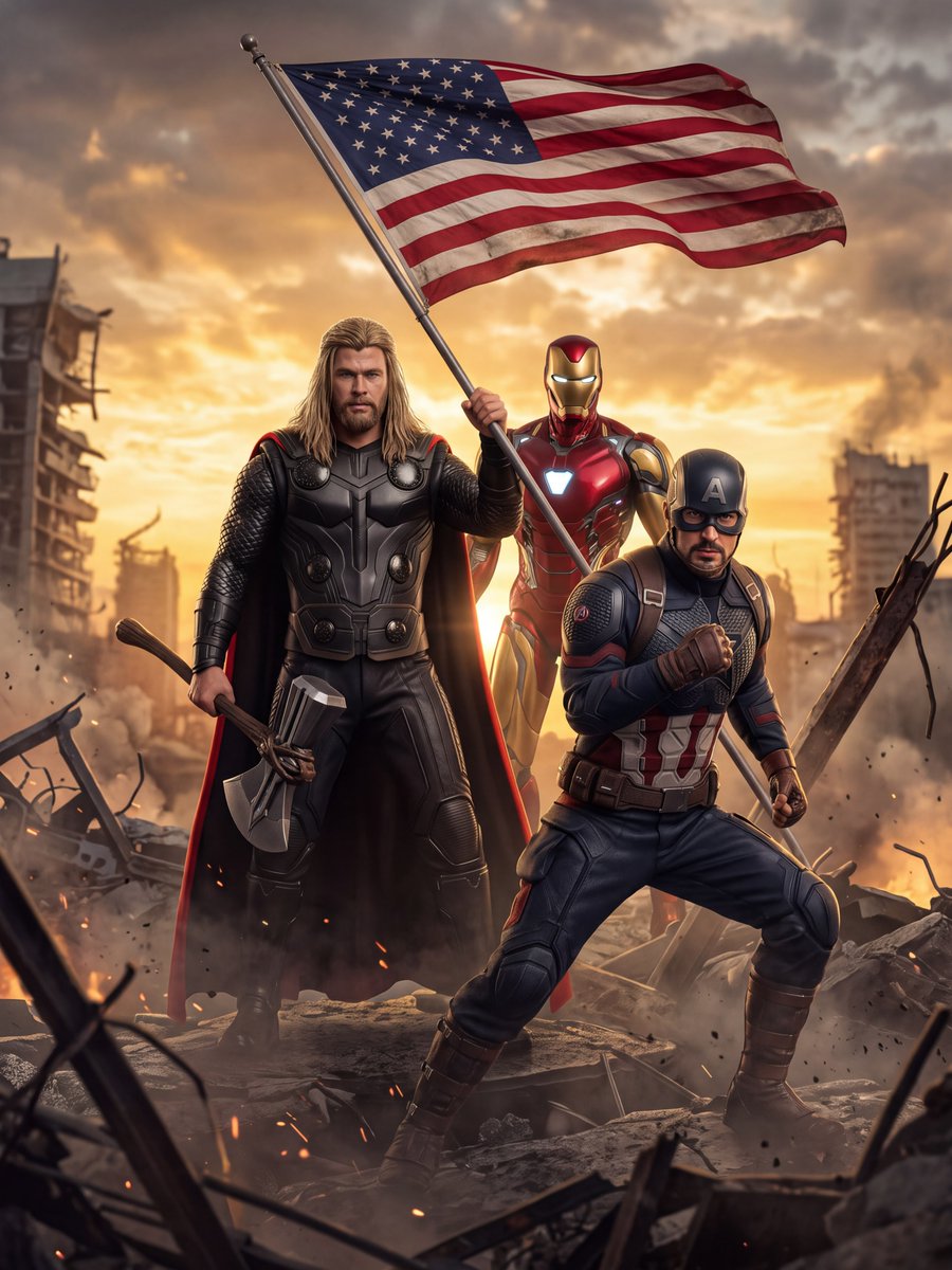 piresmayaw47's tweet photo. When the Avengers stand together, the battle changes. Three heroes. Three powers. One mission. Thor brings the thunder. Iron Man brings the technology. Captain America brings the courage. United beneath the American flag amid the ruins of battle, https://t.co/mINWccJ316