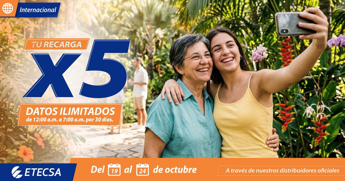 EtecsaServicios's tweet photo. Si recargas desde 600 CUP hasta 1250 CUP a través de nuestros distribuidores, recibes:
📲 5 veces el monto de dinero recargado en tu saldo principal.
📲 Datos ilimitados de 12:00 a.m. a 7:00 a.m.
Más detalles en https://t.co/EnyLQ5Tu1h. 🔗
#RecargaInternacional https://t.co/nizbIpJ6xA