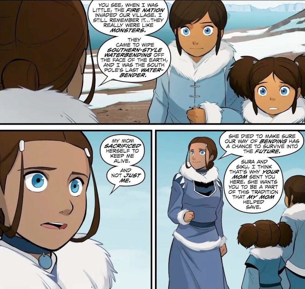 kataangthinker's tweet photo. katara taking the new southern waterbenders to kya’s grave was such a beautiful way to show, not only the south rebuilding, but also katara actually getting to heal when it comes to her mom.

would love to see this moment with bumi and kya ii one day, &amp; aang and sokka of course. https://t.co/45dQpLtLZc