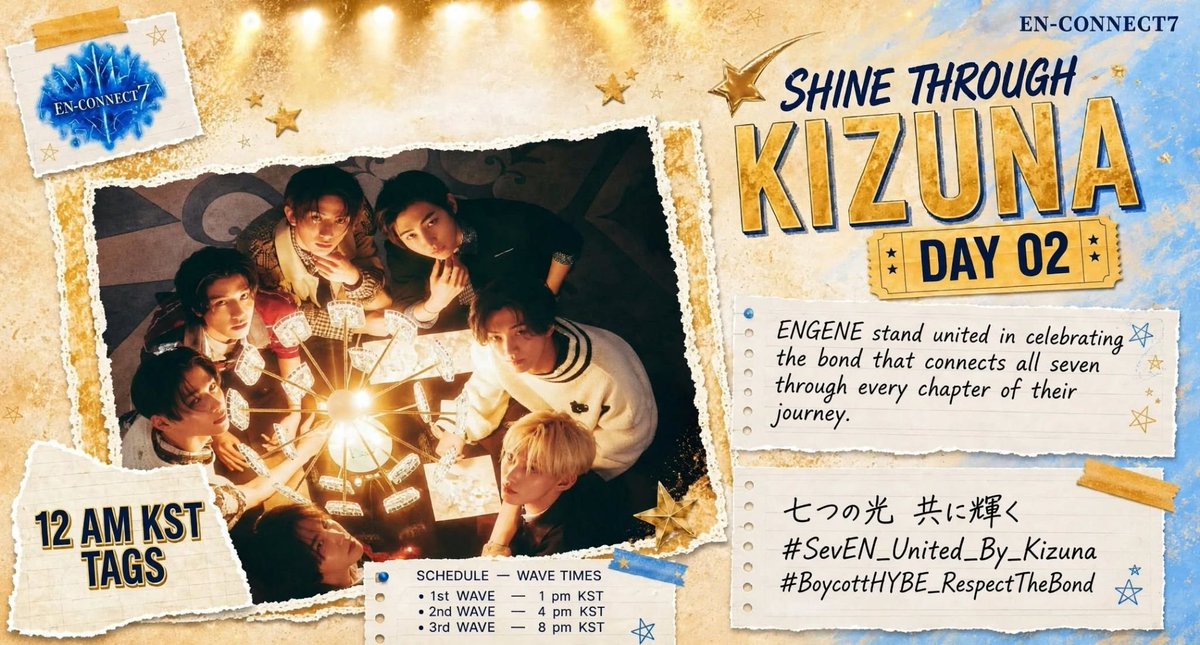EvangelineEN_7's tweet photo. ~ NEW TAGS ~

FINAL DAY : PROJECT SHINE THROUGH KIZUNA 

ENGENE stands united in celebrating the bond, warmth, and strength that connects all seven through every chapter of their journey.

七つの光 共に輝く
#SevEN_United_By_Kizuna
#BoycottHYBE_RespectTheBond https://t.co/1GFR9dLXku